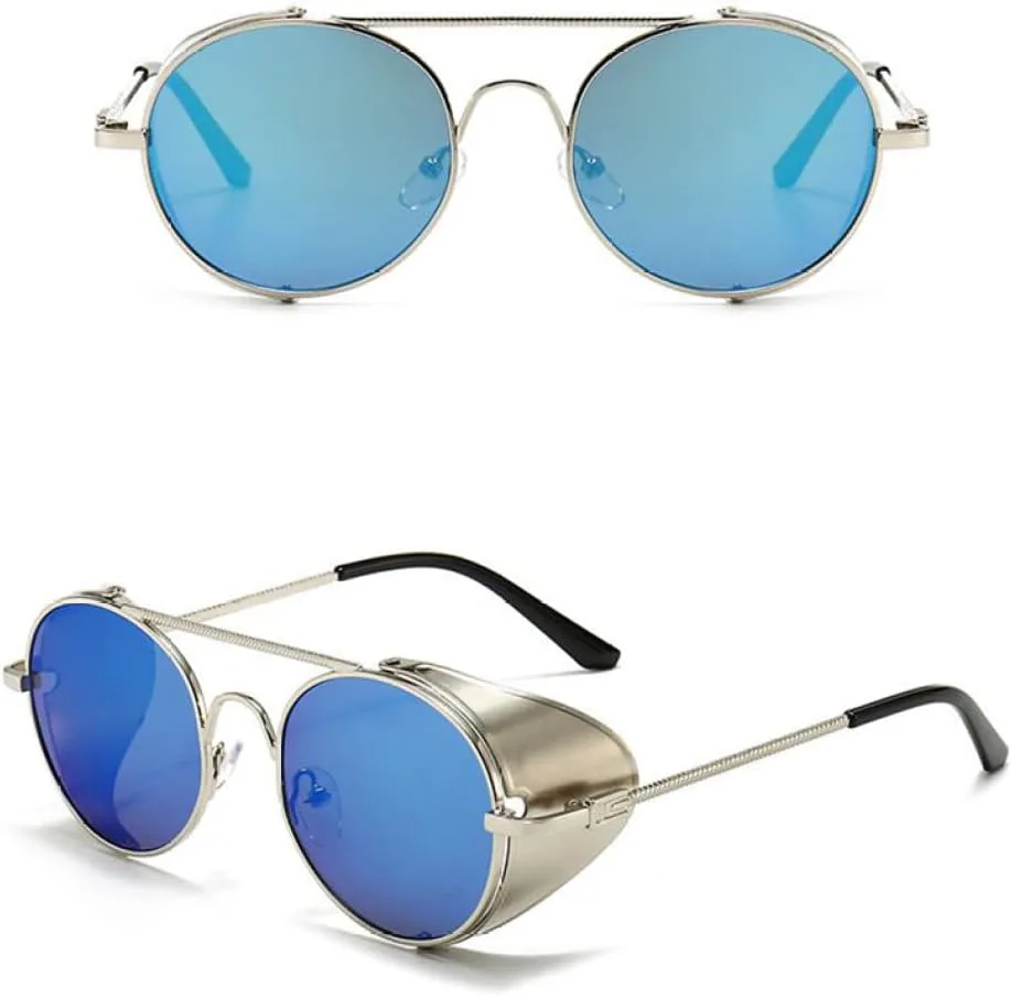 

Круглые солнцезащитные очки для мужчин и женщин, винтажные солнцезащитные очки, классические очки для вождения, металл, стимпанк, ретро MTZJH, Silver Blue