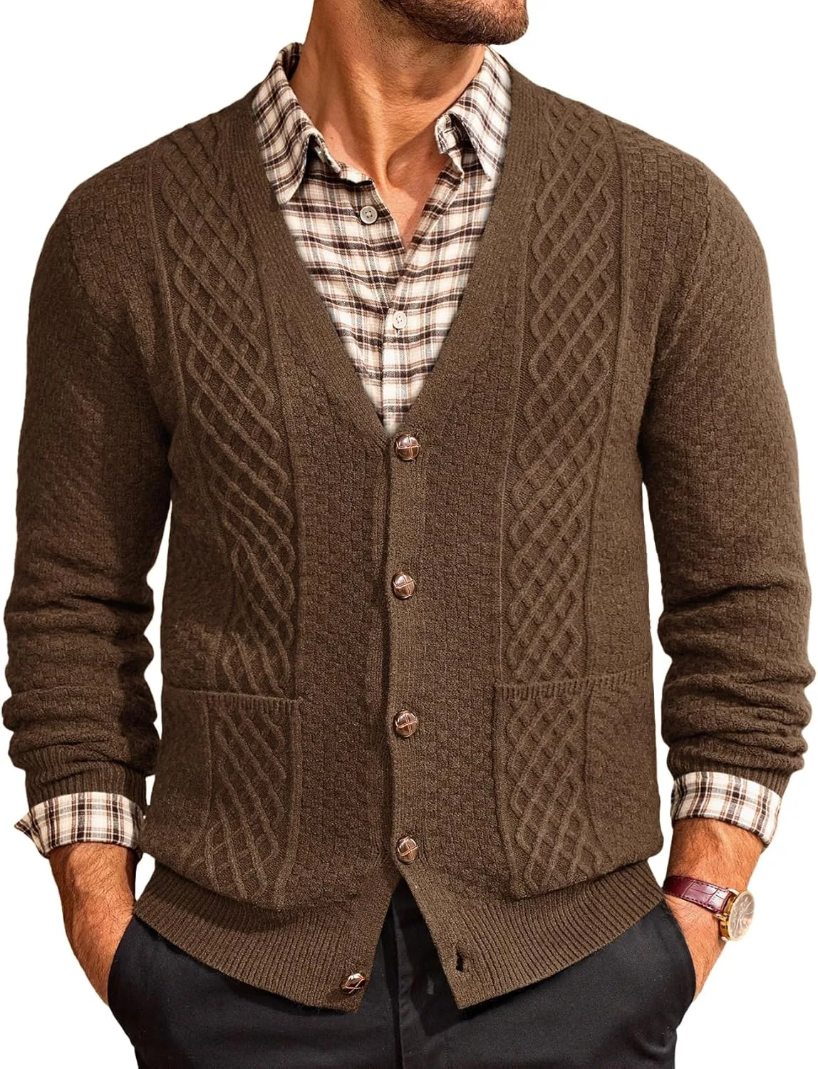 

Кардиган Runcati мужской V-образный вырез с кабельным узором и карманами