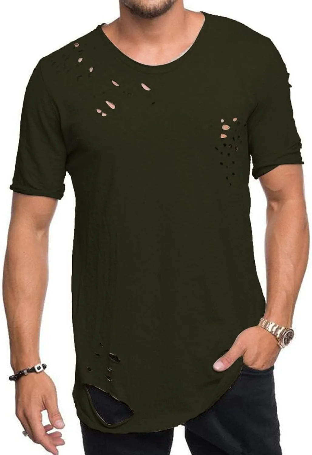 

Мужская футболка с потертостями и дырками, Casual, Loose, короткий рукав