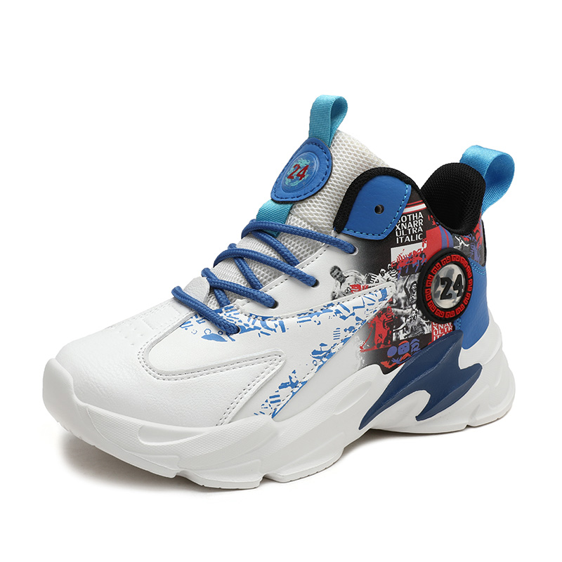 

Детские баскетбольные кроссовки средней высоты с противоскользящей амортизацией и противоударной амортизацией. KUPE, белый/синий