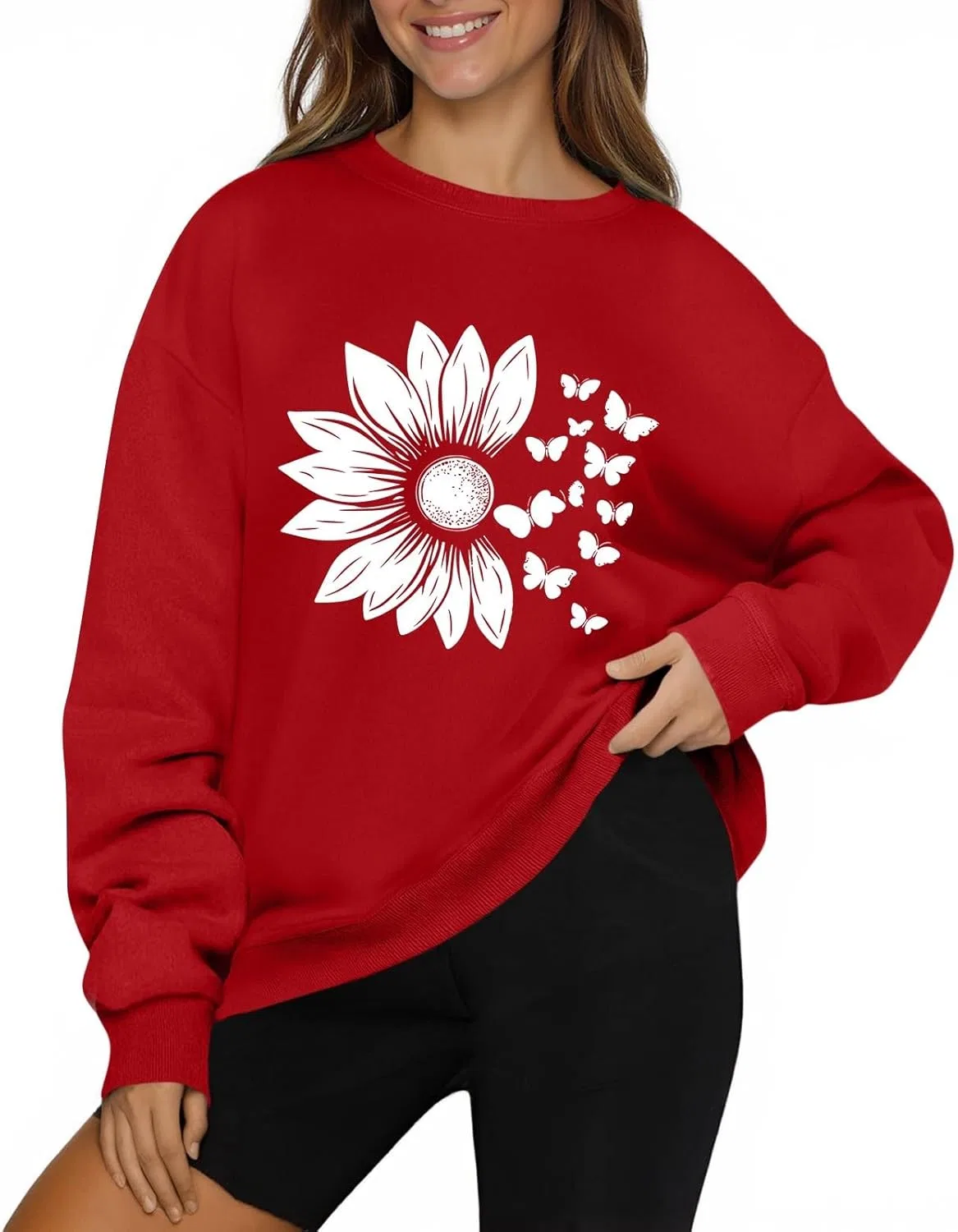 Женский свитшот с цветочным принтом, свободный крой, длинный рукав, 2-red — фото 2