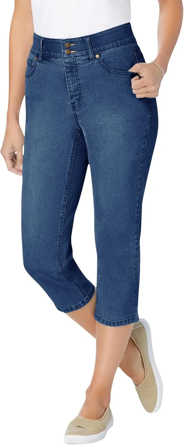 

Woman Within Plus Size Stretch Capri Jeans со встроенной панелью для коррекции фигуры
