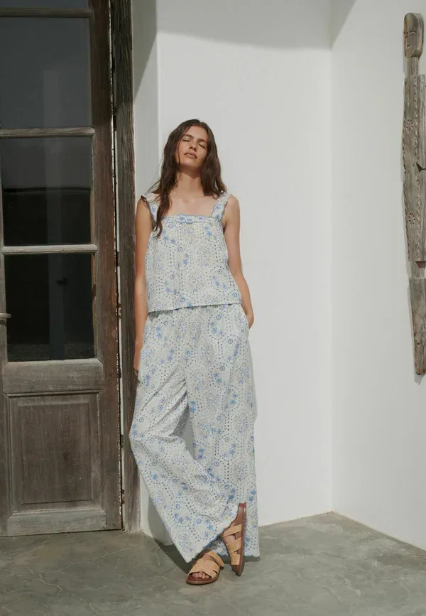 Брюки Next Petite fit embroidered wide leg, цвет экрю нейтральный синий — фото 4