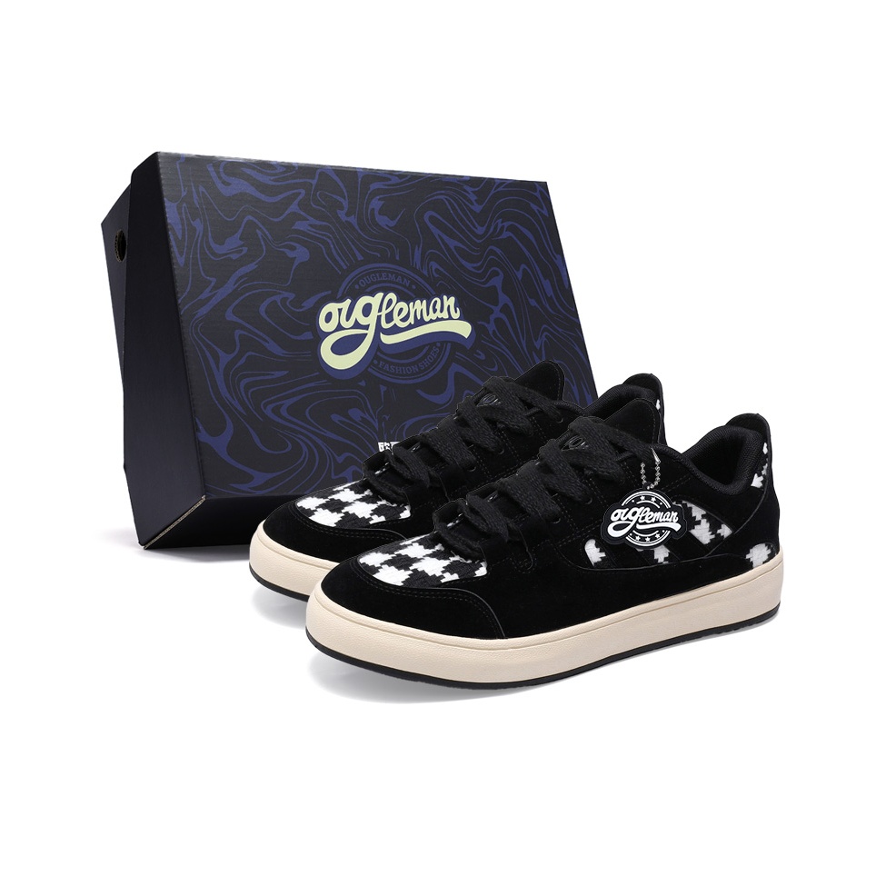 

Износостойкие, легкие и дышащие низкие скейтбордистские кроссовки для мужчин В комплекте коробка Ouglemen, черный белый plaid