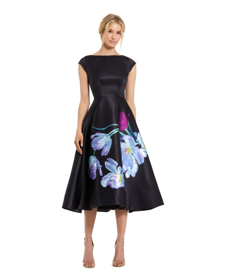 

Атласное миди-платье с цветочным принтом и короткими рукавами Mac Duggal, Black multi