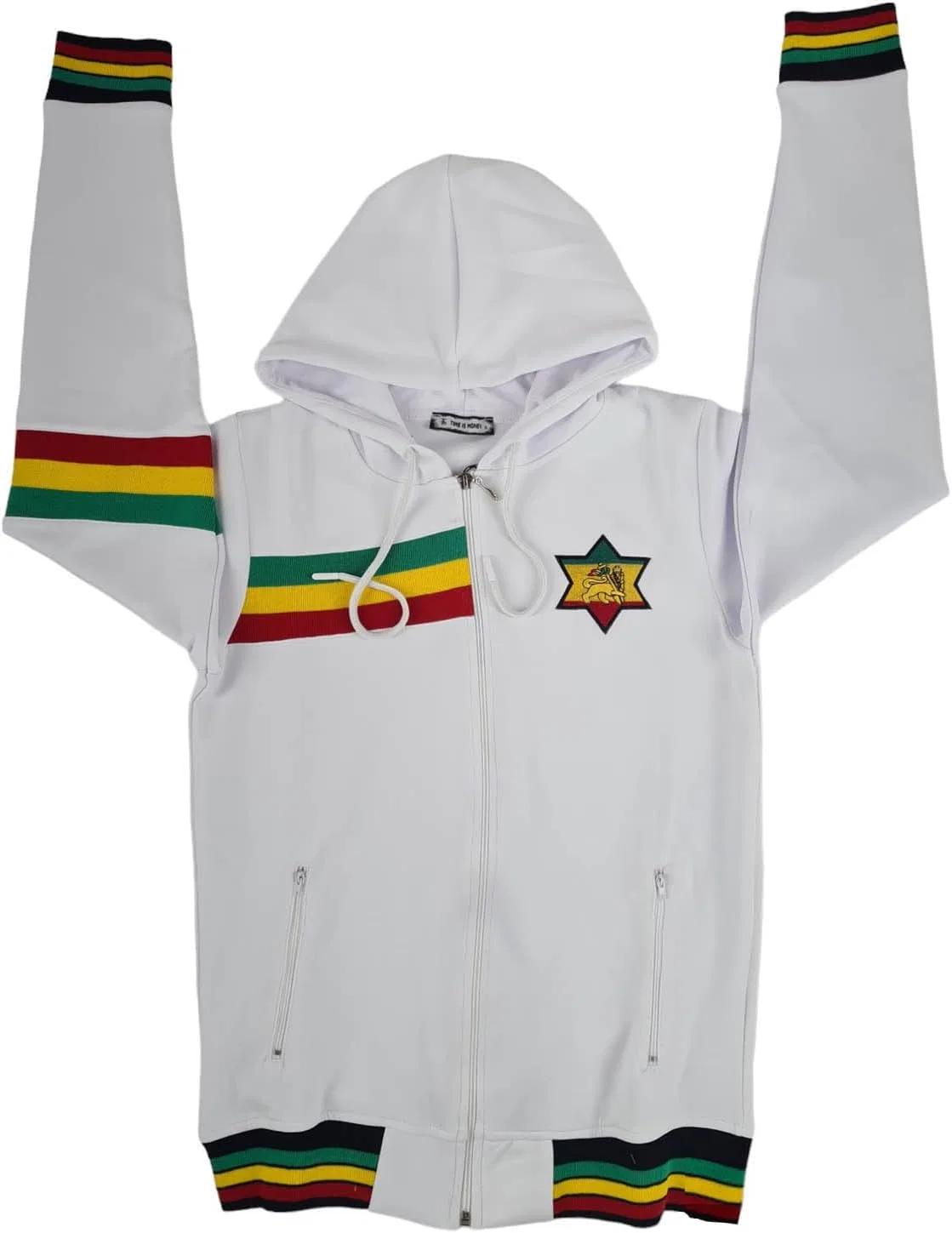 Мужской городской дизайнерский спортивный костюм Time Is Money Rasta Lion, черный, красный, белый, оливковый с золотой молнией — фото 3