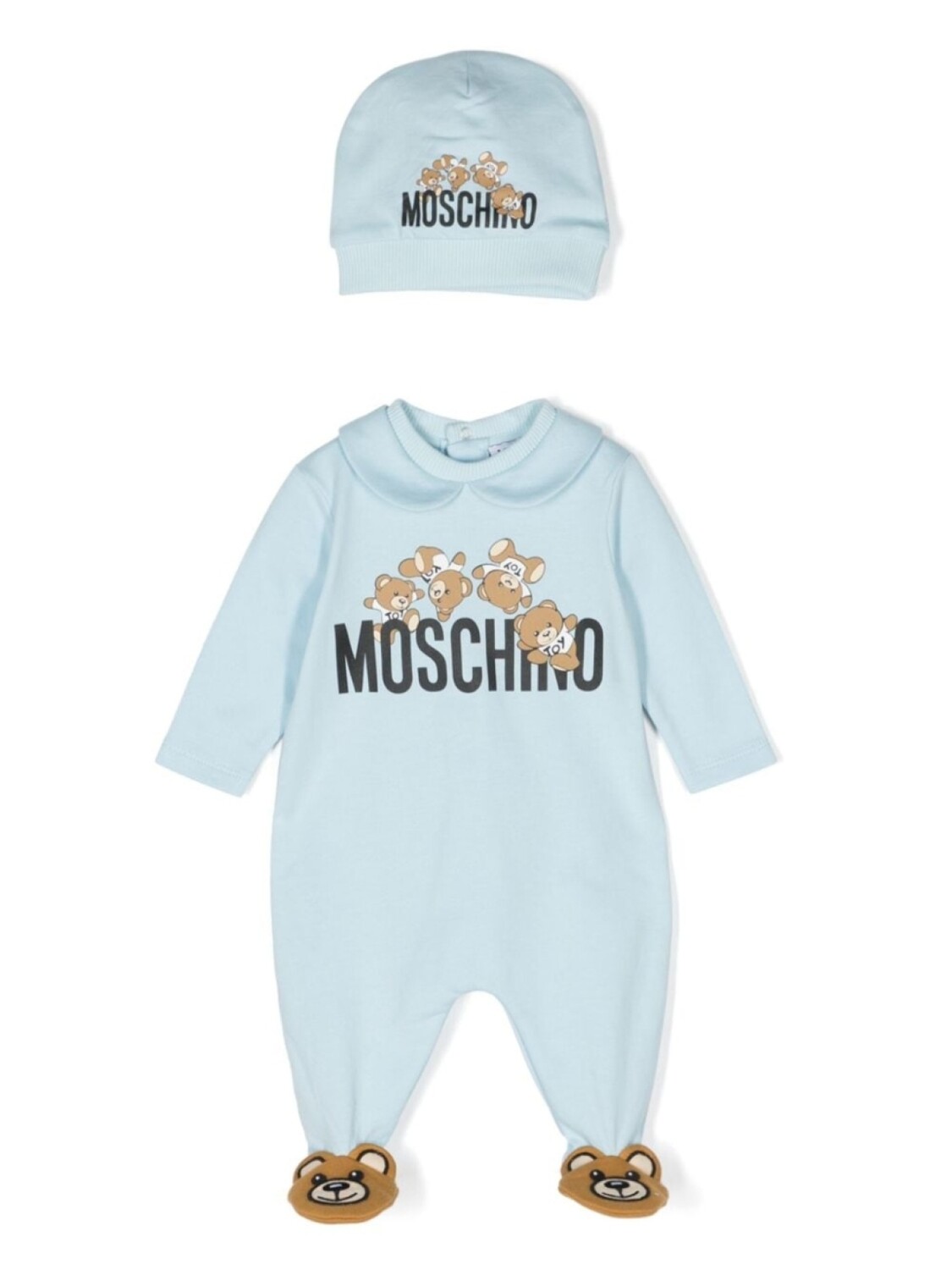 

Moschino Kids комплект из комбинезона, шапки и нагрудника с принтом, синий