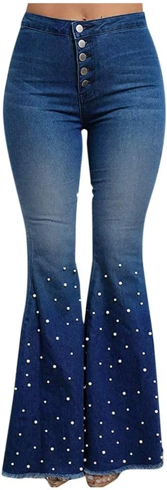 

Джинсы Bell Bottom для женщин High Waisted с широкими штанинами и жемчугом GKZA