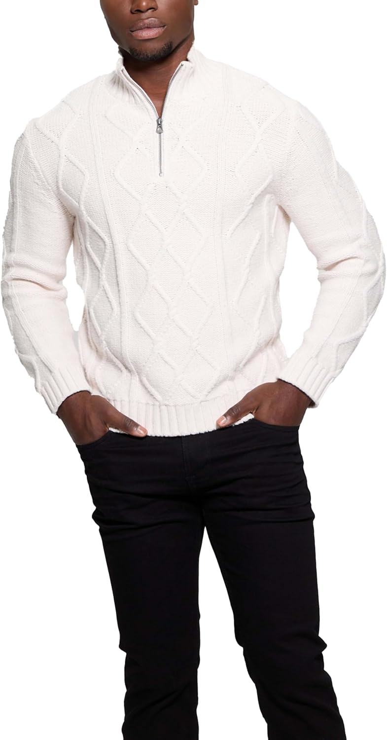 

GUESS Мужской длинный рукав, свитер с ромбовидным узором и молнией до половины, Muted Stone