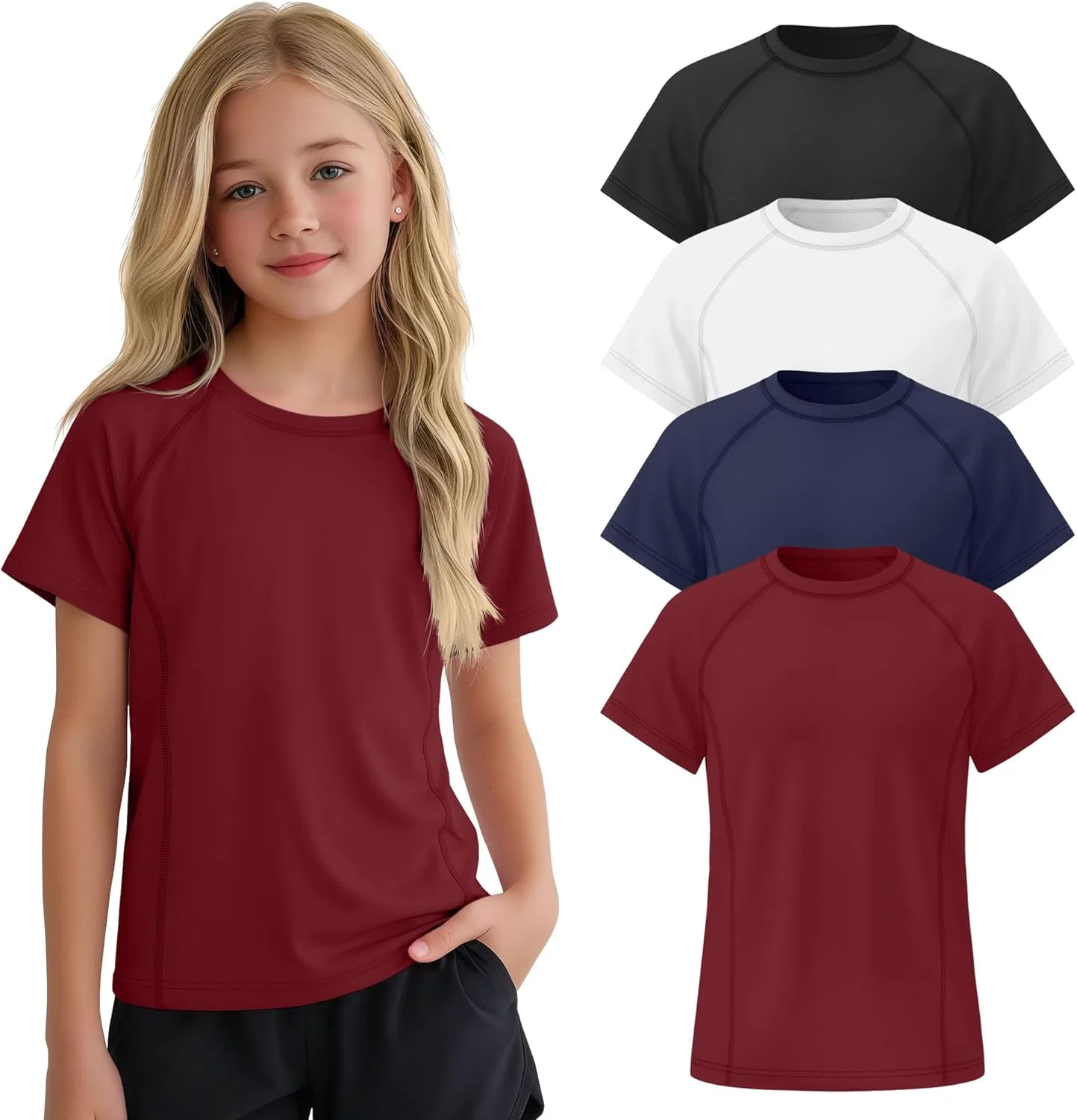 Детские спортивные футболки, 4 шт, LessonZoo, Wine Red, Navy Blue, White, Black