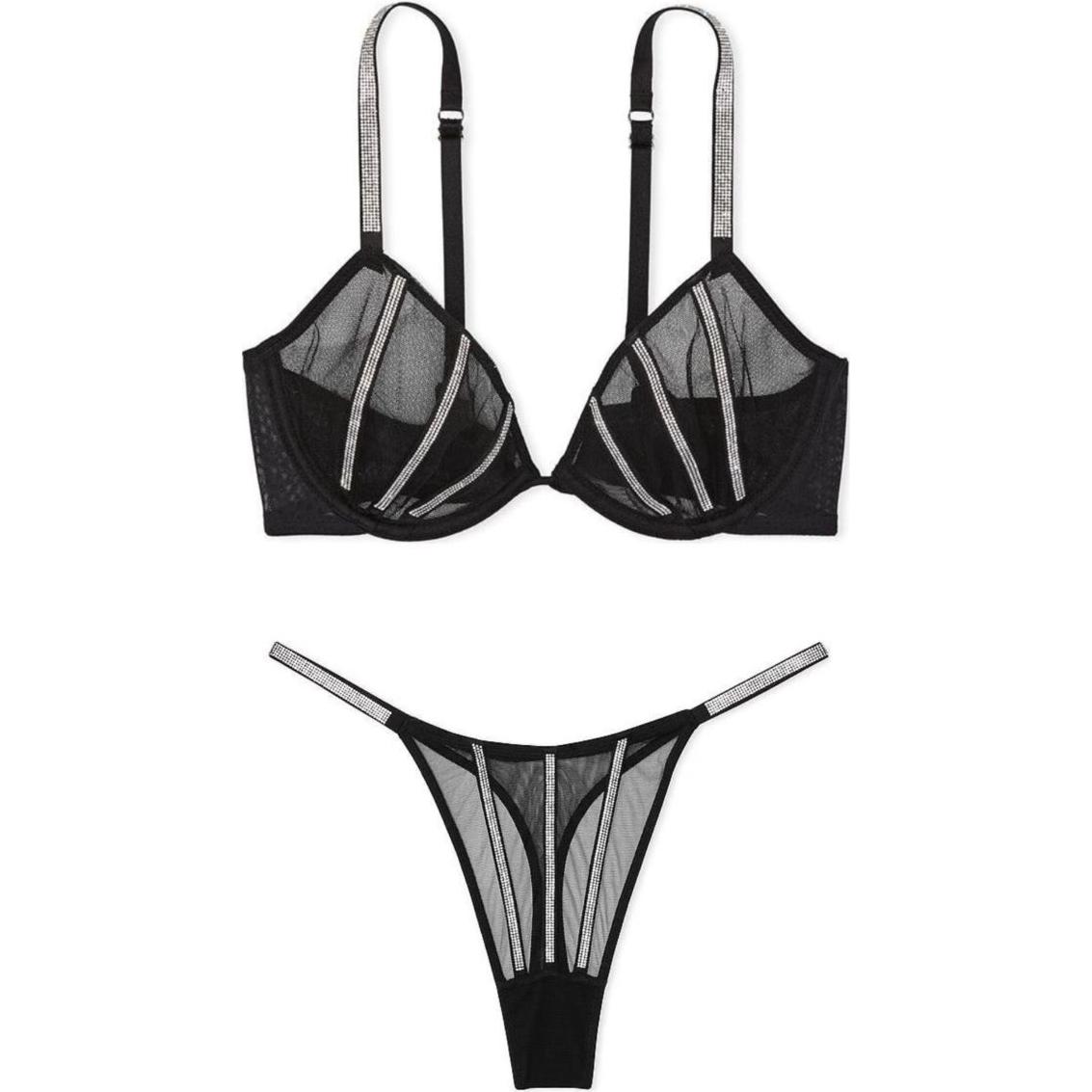 

Victoria's Secret ОЧЕНЬ СЕКСУАЛЬНЫЙ комплект нижнего белья со стразами Sheer Shine с глубоким вырезом, черный цвет для женщин