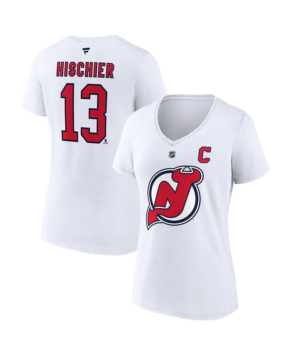 

Женская фирменная белая футболка Nico Hischier New Jersey Devils Special Edition 2.0 с именем и номером и v-образным вырезом Fanatics, белый