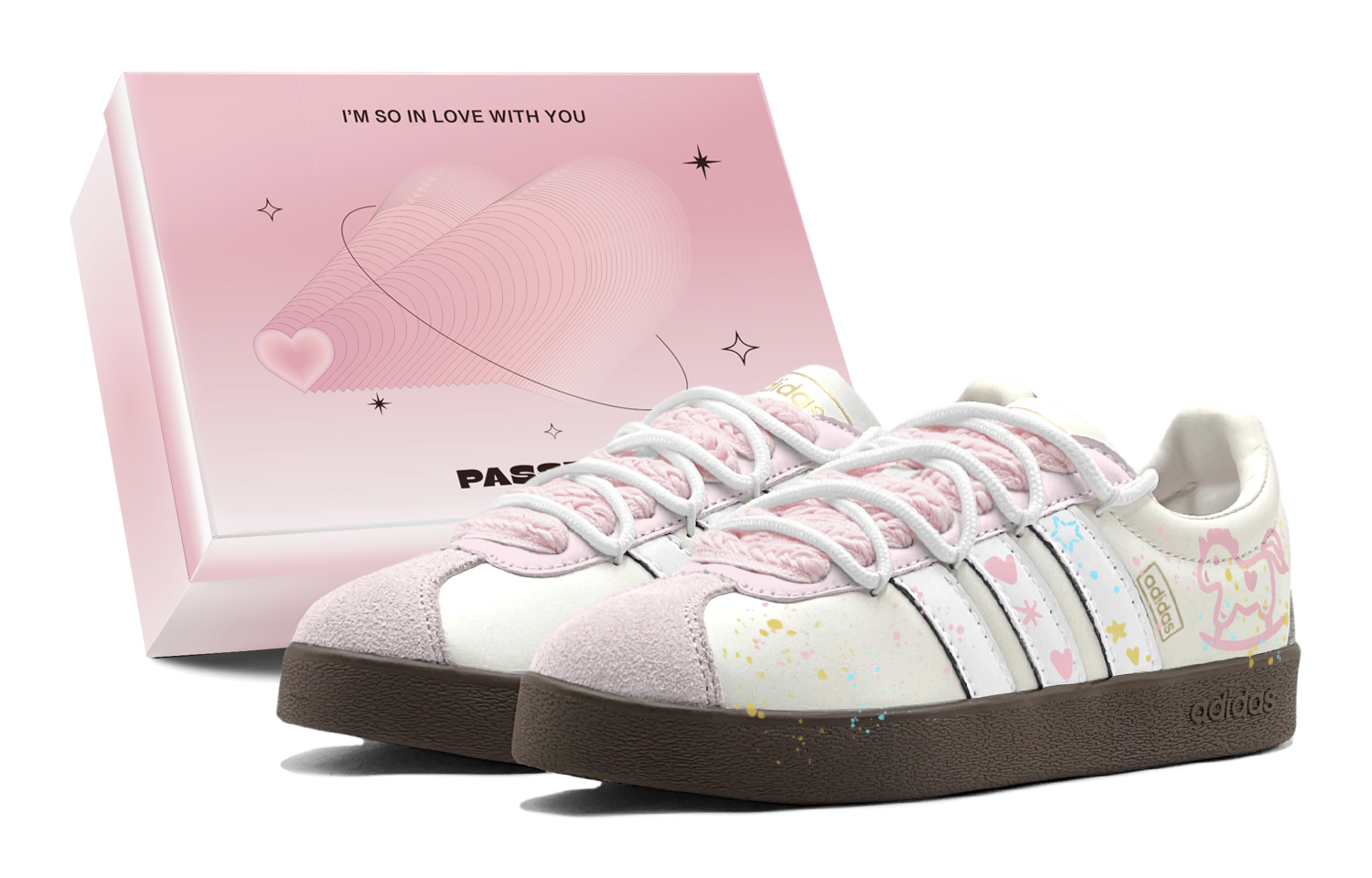 

Adidas VL COURT 2.0 Classic Couple's, романтичный подарок, радужная лошадь, звезды, сердце, граффити, индивидуальный стиль, низкие