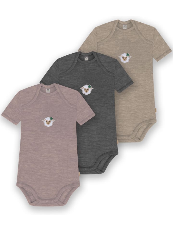 

Normani Outdoor Sports Комплект из 3 детских боди с коротким рукавом из мериносовой шерсти, модель Tauranga, бежевый/антрацитовый/розовый