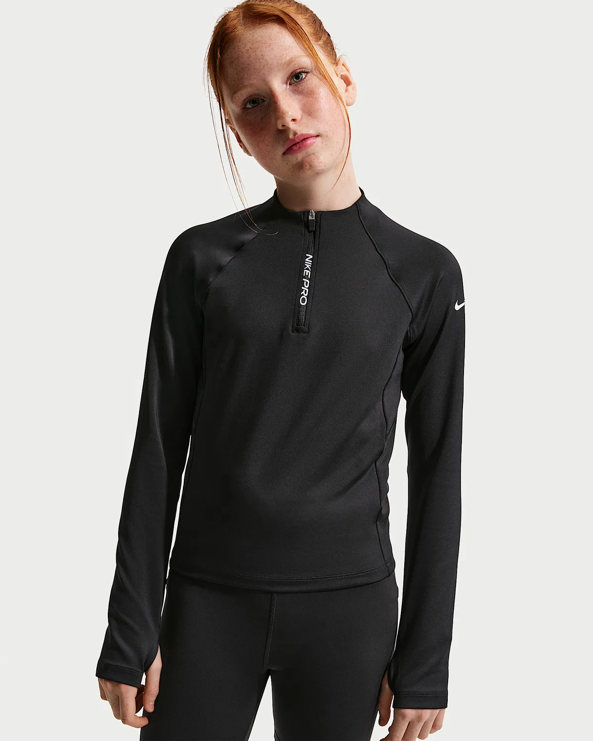 Детские (девочки) Nike Pro Dri-FIT с длинным рукавом и полузамком, Black/Black/White