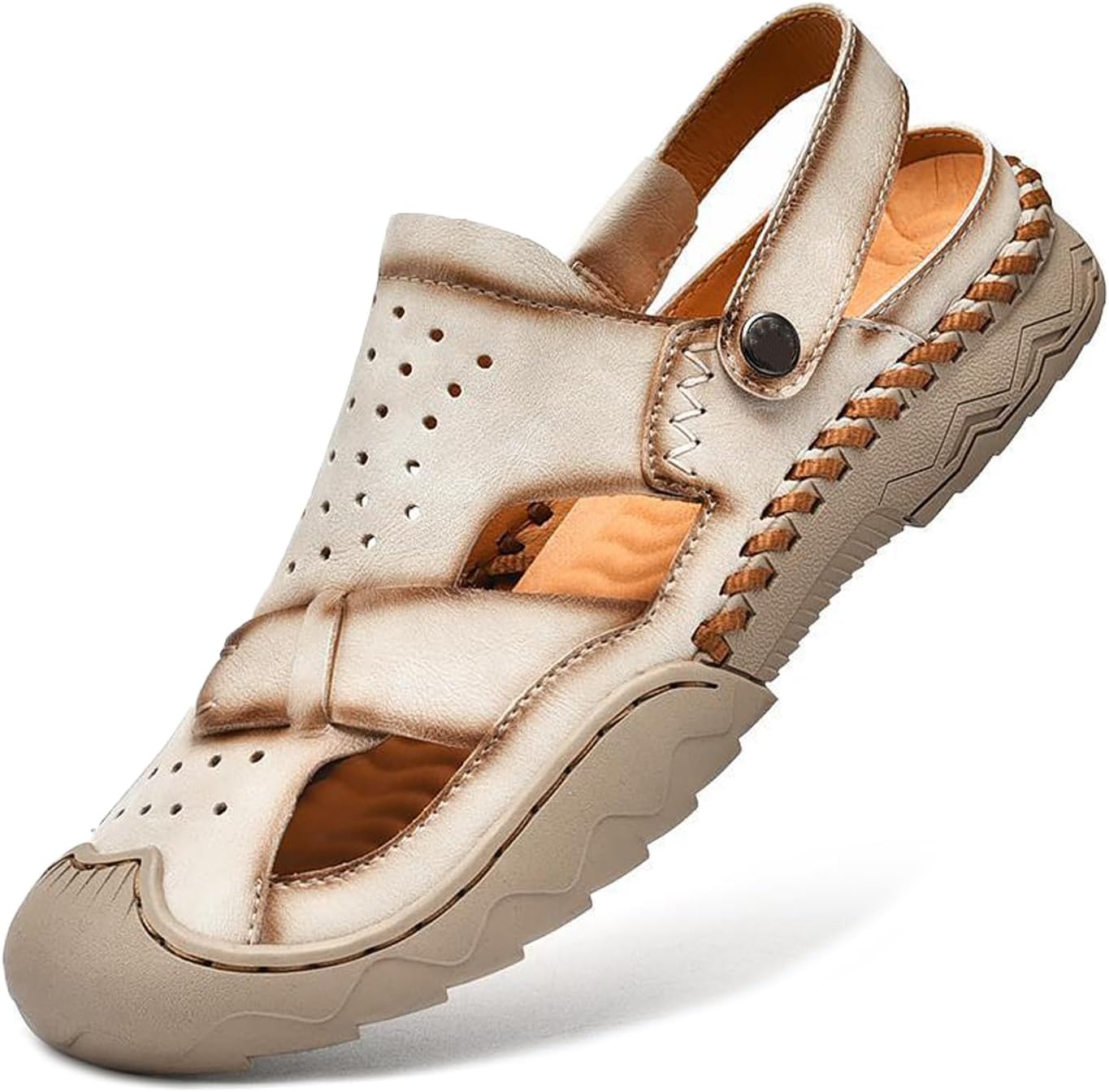 

Мужские ручные босоножки Lymphvity из кожи, с вырезами, повседневные, сандалии рыбака, двусторонний ремешок на щиколотке, закрытый носок, дышащие, на ножку, для улицы, пляжные шлепанцы, Sand Color