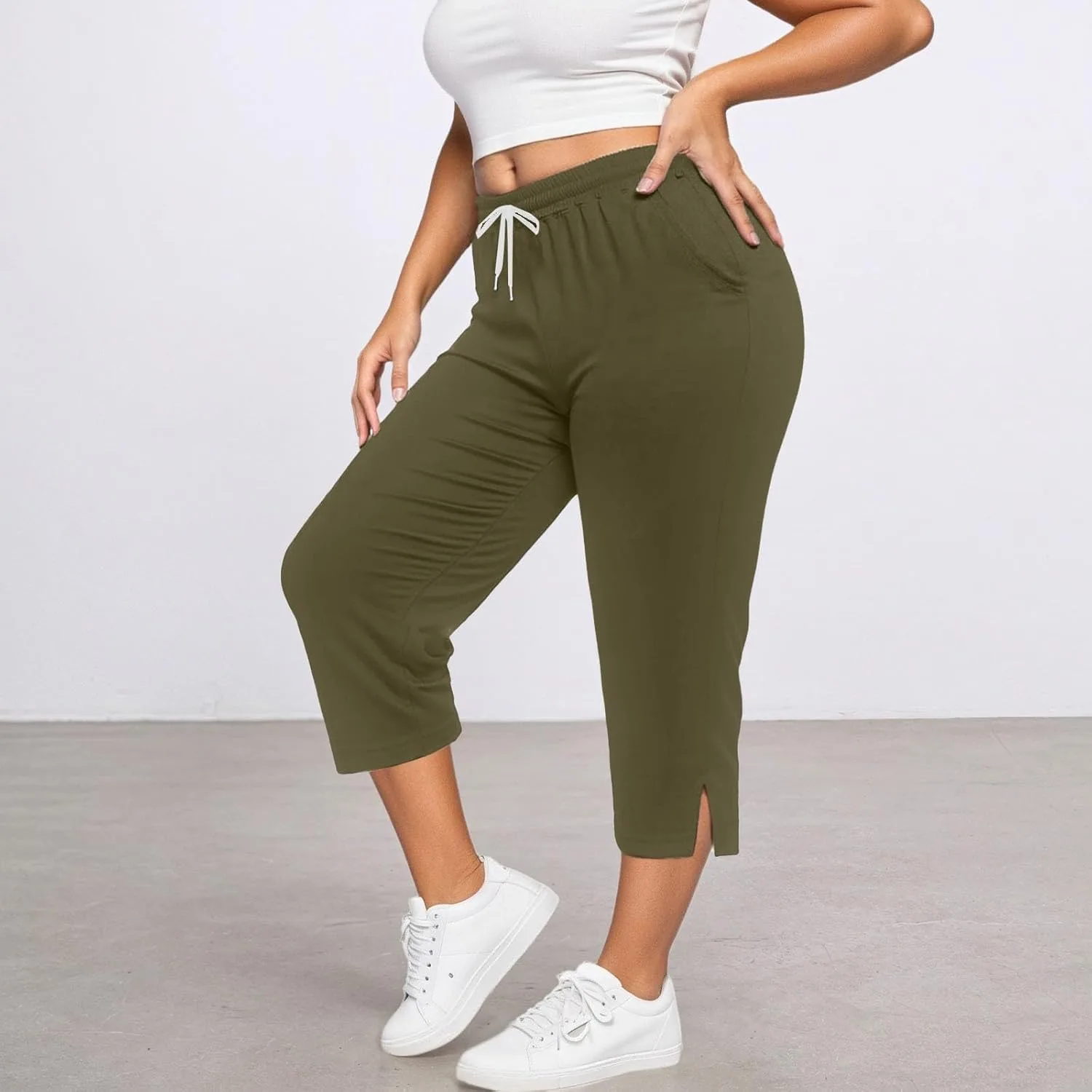 Капри для женщин Plus Size, повседневные летние свободные удобные брюки с завязками на поясе, эластичная талия, боковые разрезы, с карманом Generic, зеленый — фото 2