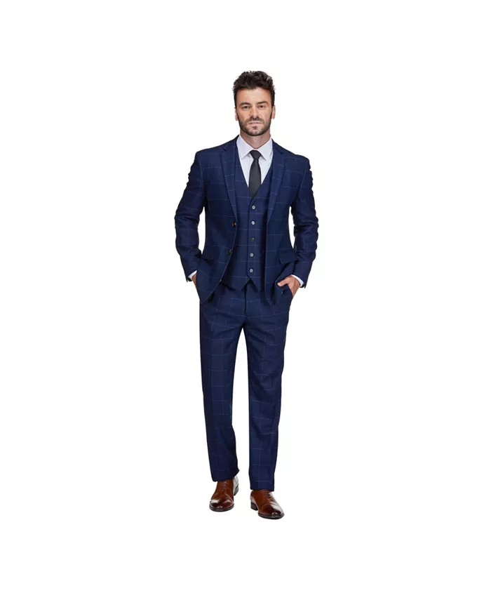 

Мужской синий костюм-тройка в клетку Windowpane Slim Fit Gino Vitale