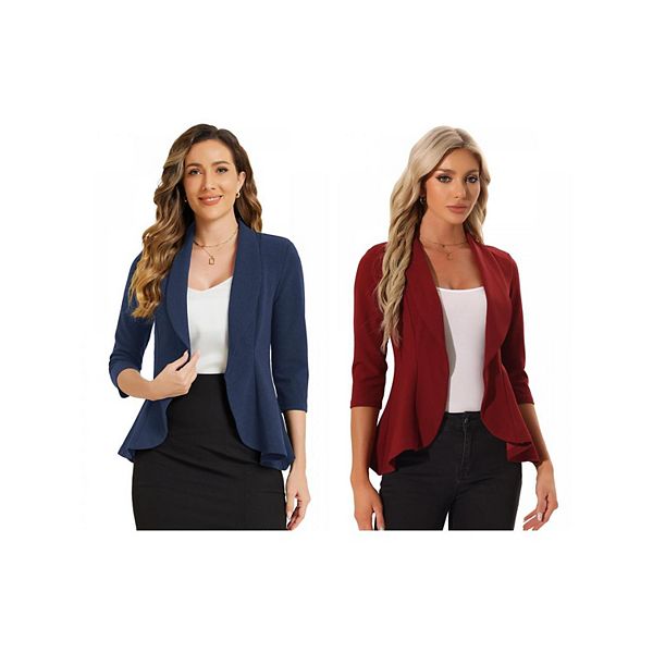 

2 упаковки женский классический блейзер с открытым передом, драпированным воротником и рукавом 3/4 Allegra K, Red Navy Blue