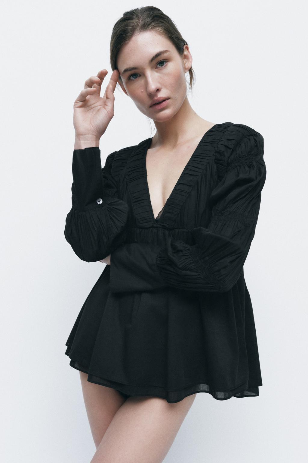 

Плиссированная блузка на резинке ZARA, черный