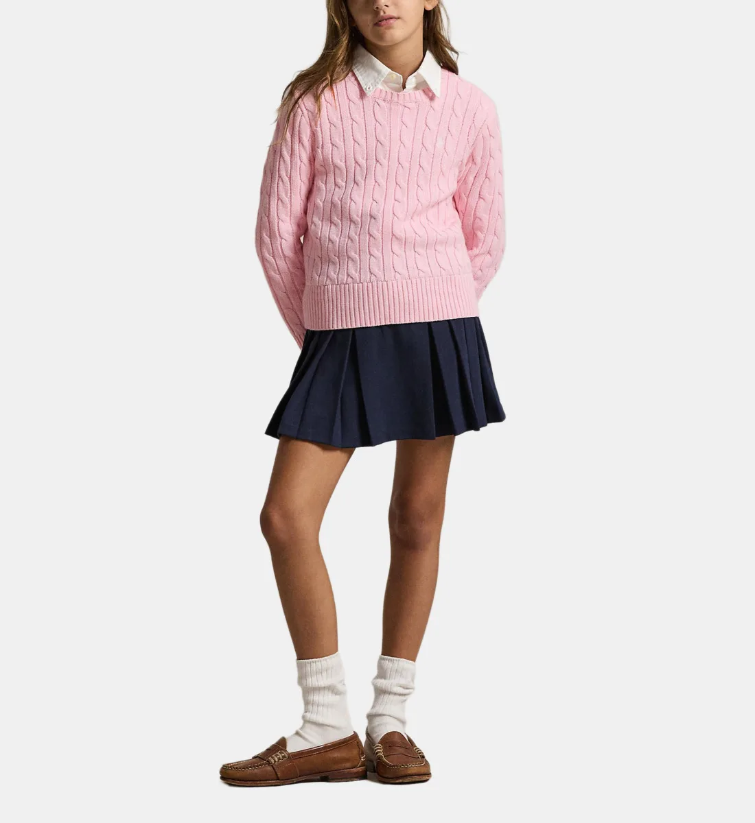 Приталенный пуловер с круглым вырезом из вязаной косички POLO RALPH LAUREN, розовый — фото 3