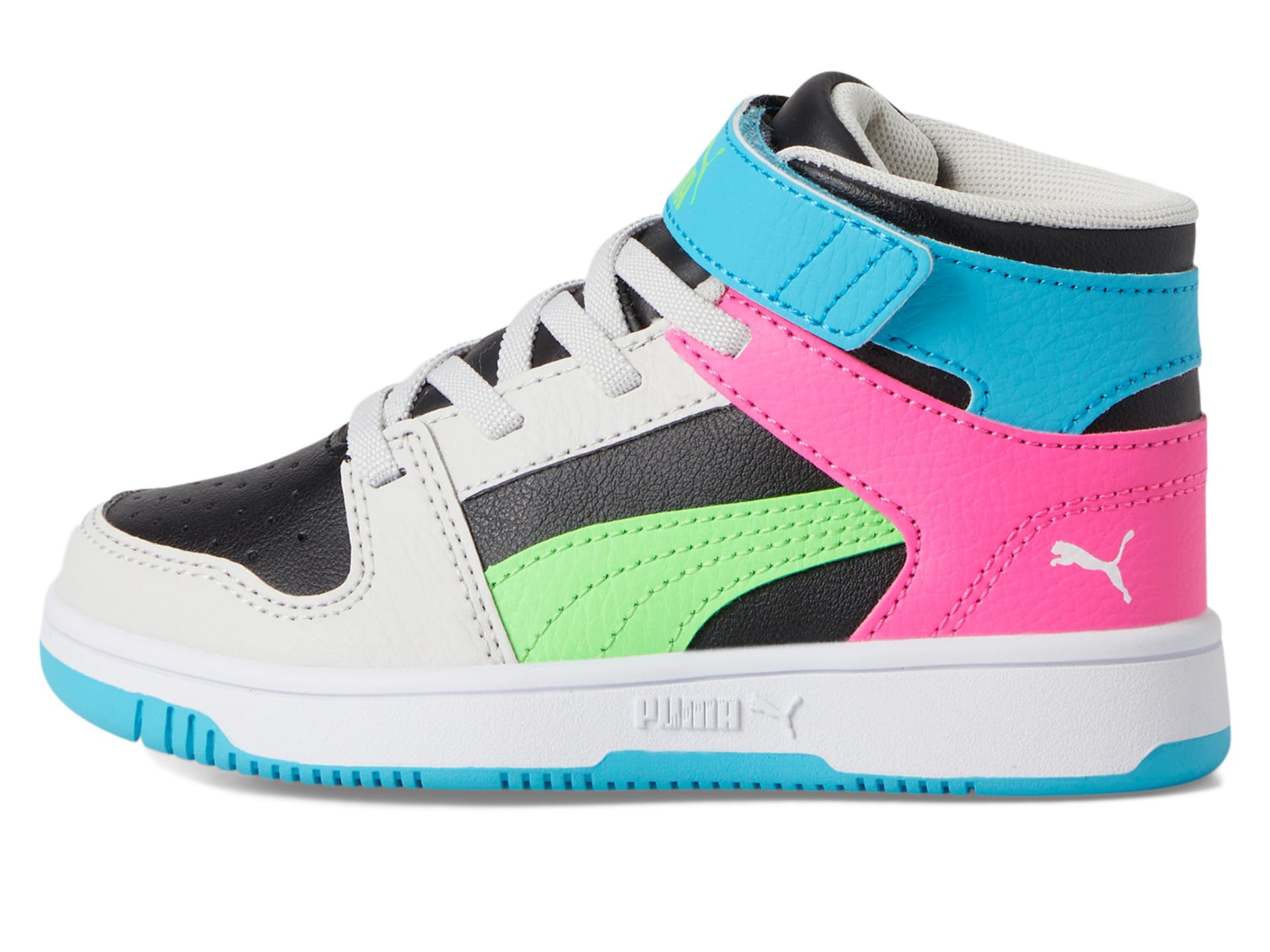 Туфли PUMA Kids Rebound Layup Mid Hook And Loop, цвет Puma Black/Fluro Green Pes/Feather Gray — фото 4