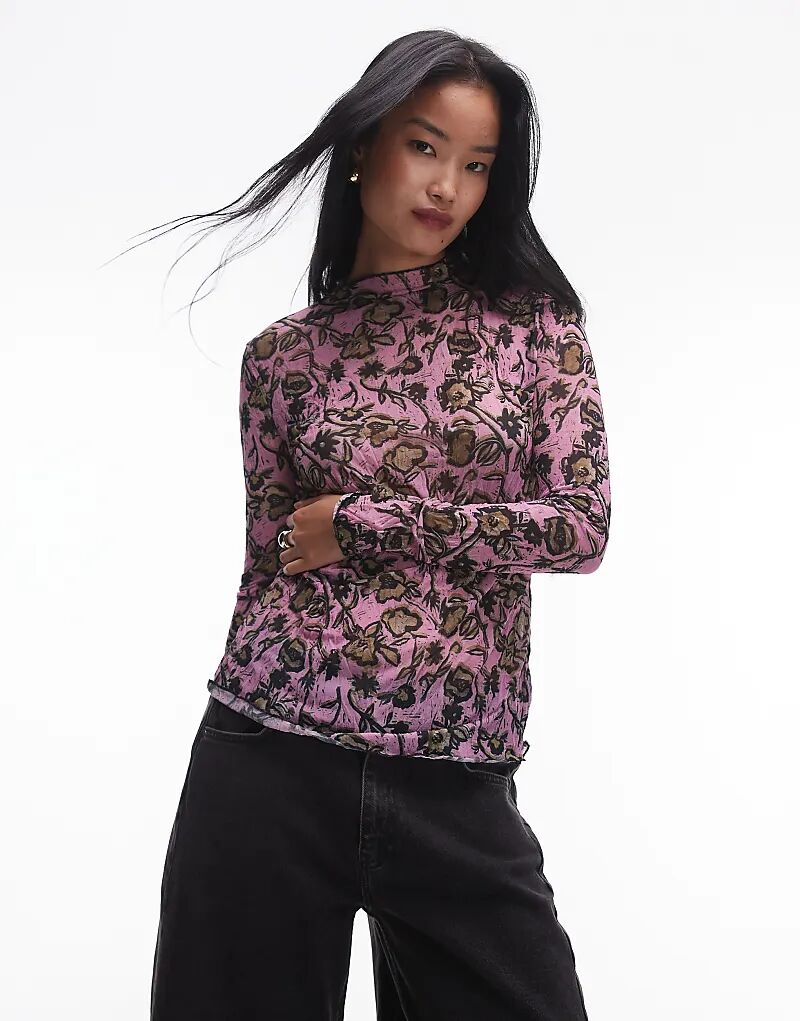 

Топ с длинными рукавами и цветочным принтом розового цвета Topshop