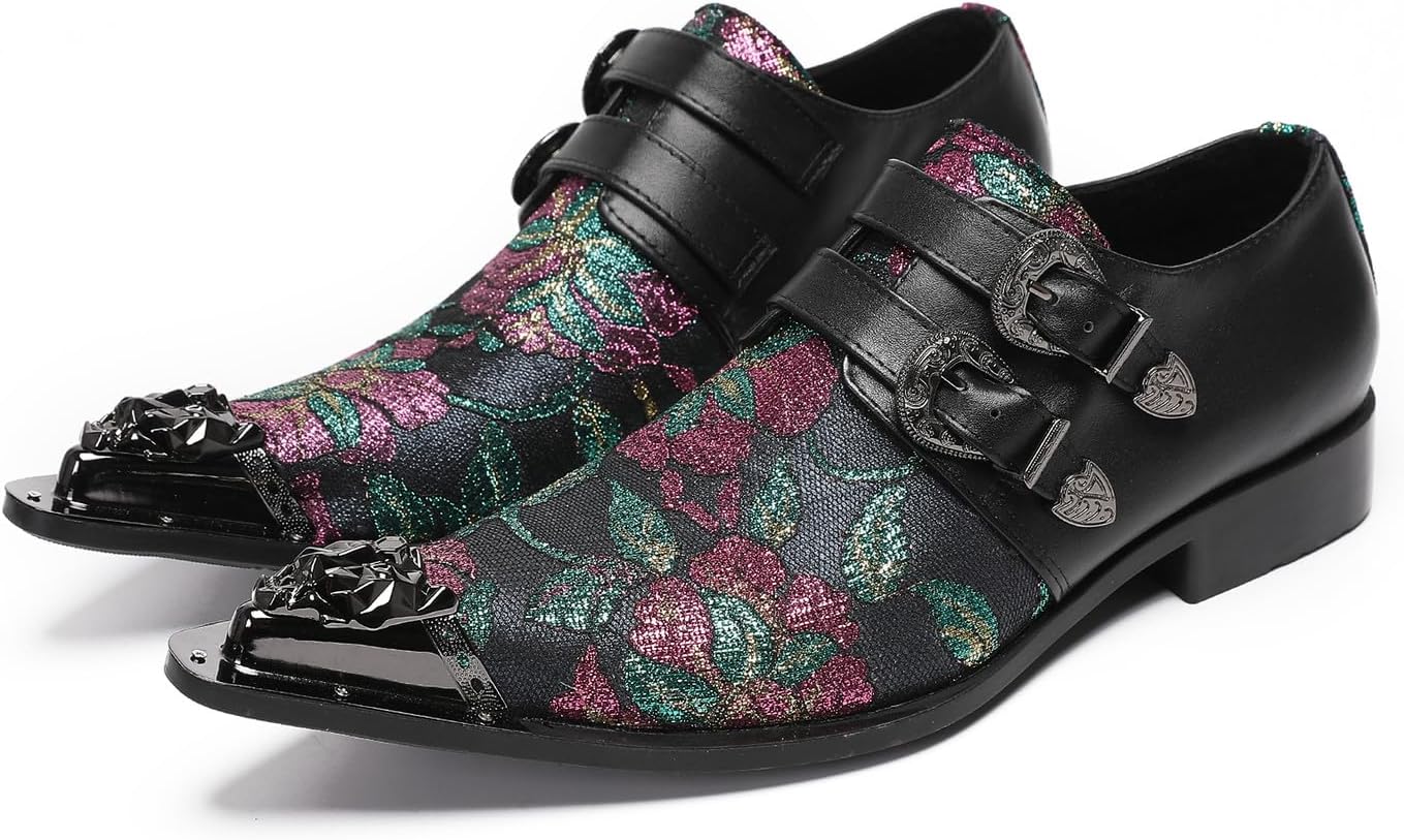 

Мужские повседневные туфли-мокасины Santimon с двойной пряжкой - кожаные мокасины с цветочной вышивкой - двухцветные западные туфли для бальных вечеринок, диско и свадеб, черный