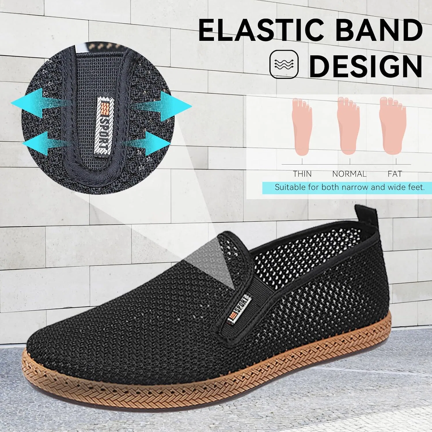 Мужские лоферы дышащие, Men's Canvas Slip on Shoes, черная сетка Wsvpeto — фото 2