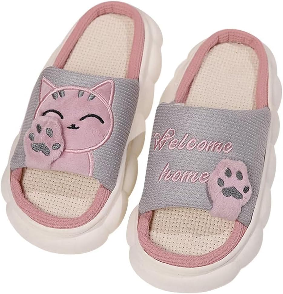 

Домашние тапочки OJXTRDE для женщин, милые тапочки с мультяшным котенком, унисекс, мягкие, удобные, с толстой нескользящей подошвой, из хлопка и льна, для дома, серый