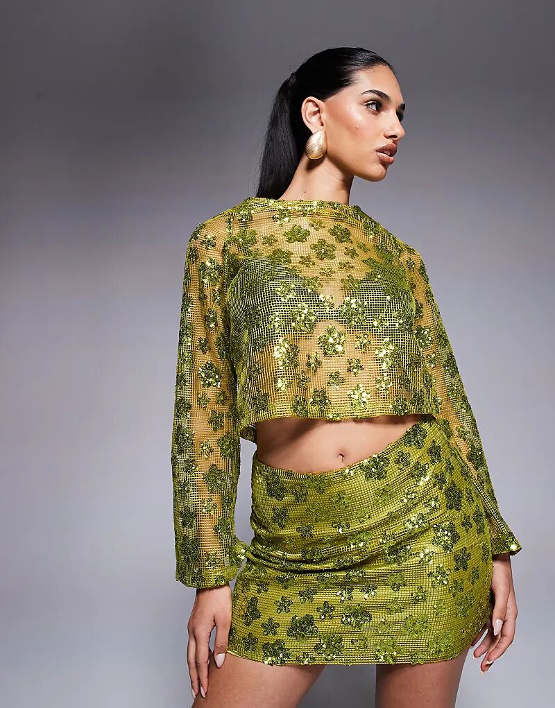 

Мини-юбка с цветочным принтом и пайетками от ASOS DESIGN, связанная крючком, оливково-зеленого цвета
