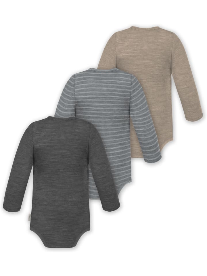 Normani Outdoor Sports Комплект из 3 детских боди из мериносовой шерсти с длинными рукавами, цвет Окленд, бежевый/серый/антрацитовый — фото 2