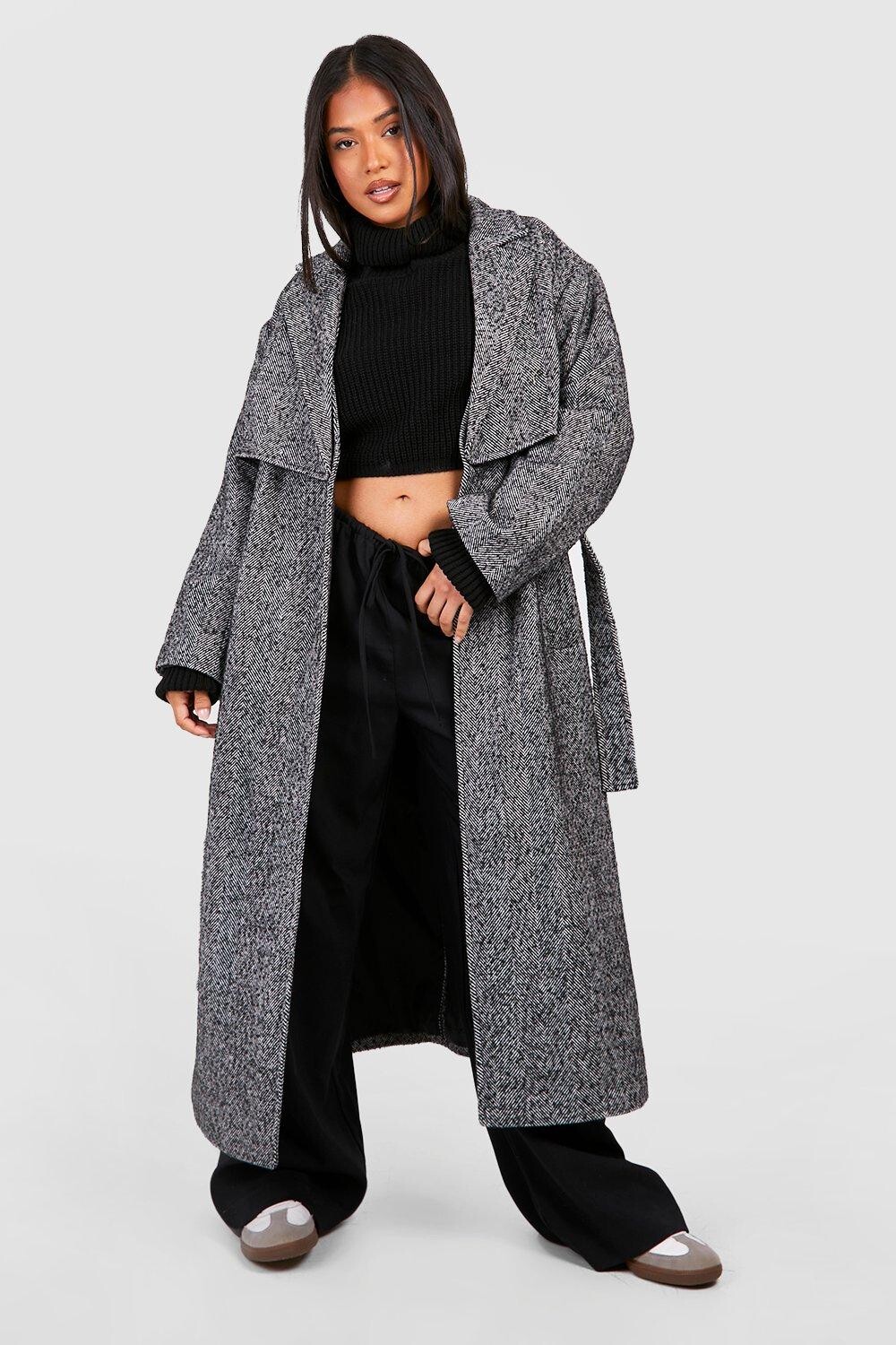 

Шерстяной тренч Petite с поясом и узором «елочка» boohoo, серый