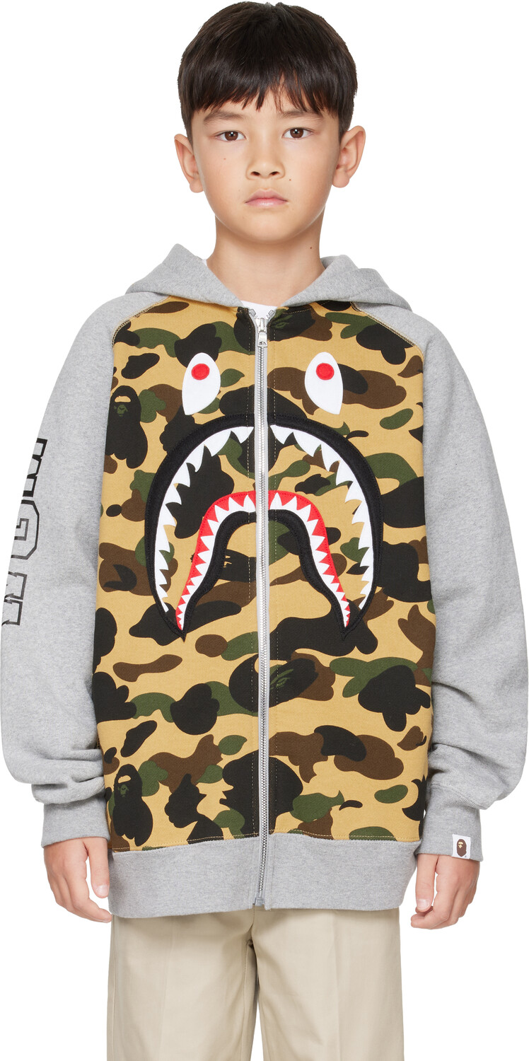 

Детская серая толстовка с капюшоном на молнии с нашивкой «Акула» от 1st Camo BAPE