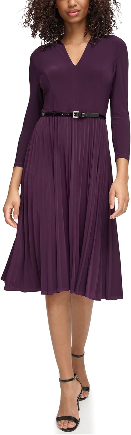 

Женское платье-миди Tommy Hilfiger с длинными рукавами, V-образным вырезом, поясом и плиссированной юбкой А-силуэта, Aubergine
