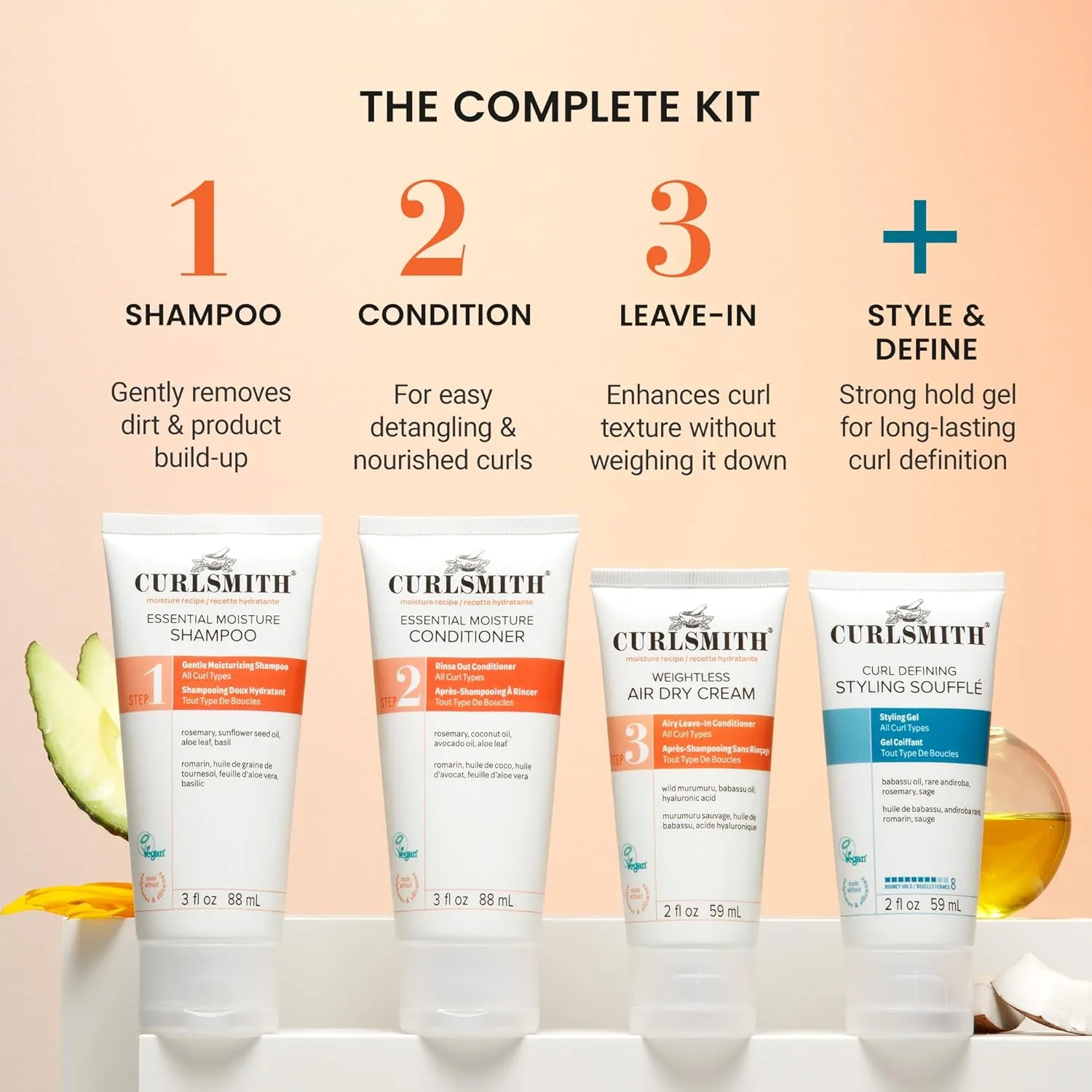 Curlsmith Curl Discovery Kit для увлажнения и определения локонов: увлажняющий шампунь, кондиционер, несмываемый уход и стайлер, мини-формат для путешествий, для всех типов кудрей, Vegan & Cruelty Free — фото 2