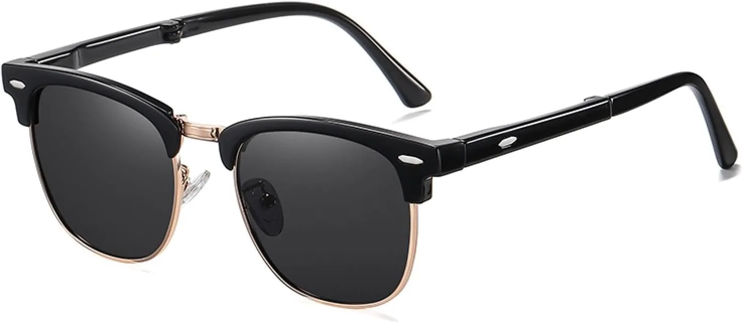 

Женские складные солнцезащитные очки, мужские солнцезащитные очки UV400 с поляризацией, металлическая оправа, для вождения, пляжа, вечеринки VFDHN, Black Gold Gray