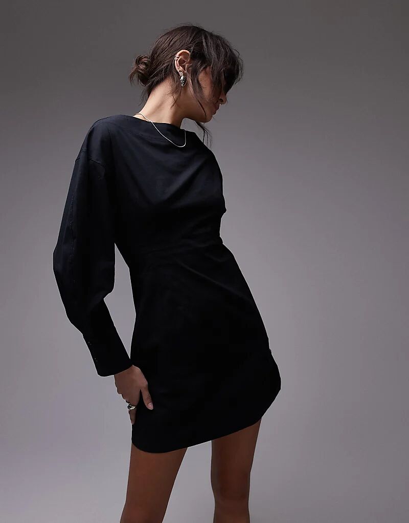 

Платье-хомутик из поплина с рукавами-бочонками черного цвета Topshop