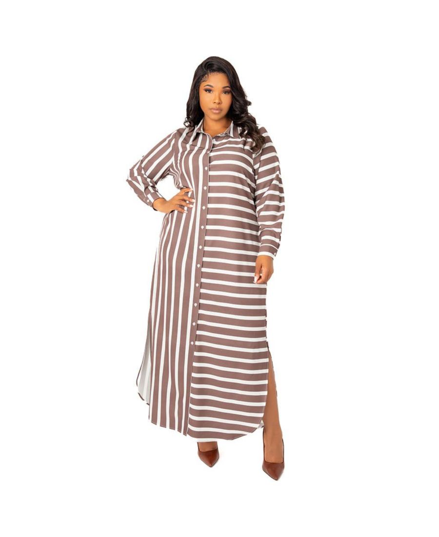 

Платье-рубашка макси в полоску больших размеров Buxom Couture, Khaki stripe