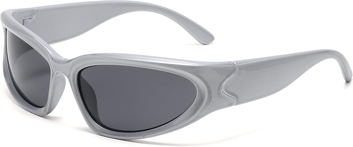 

Спортивные солнцезащитные очки обтекаемой формы для мужчин и женщин, в стиле Y2k, солнцезащитные очки-маска, защита от УФ-излучения UV400 Kyiduo, Silver Frame/Grey Lens