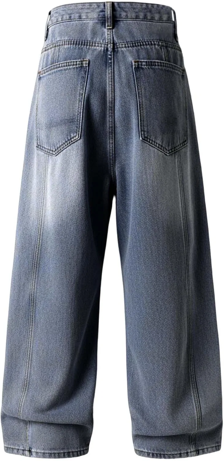 Джинсы широкие Men's Baggy Hip Hop Jeans 2026 Y2K Casual Vintage Wide Leg Skater Denim Pants Loose Fit Long Trousers Denim Streetwear, Dark Blue — фото 4