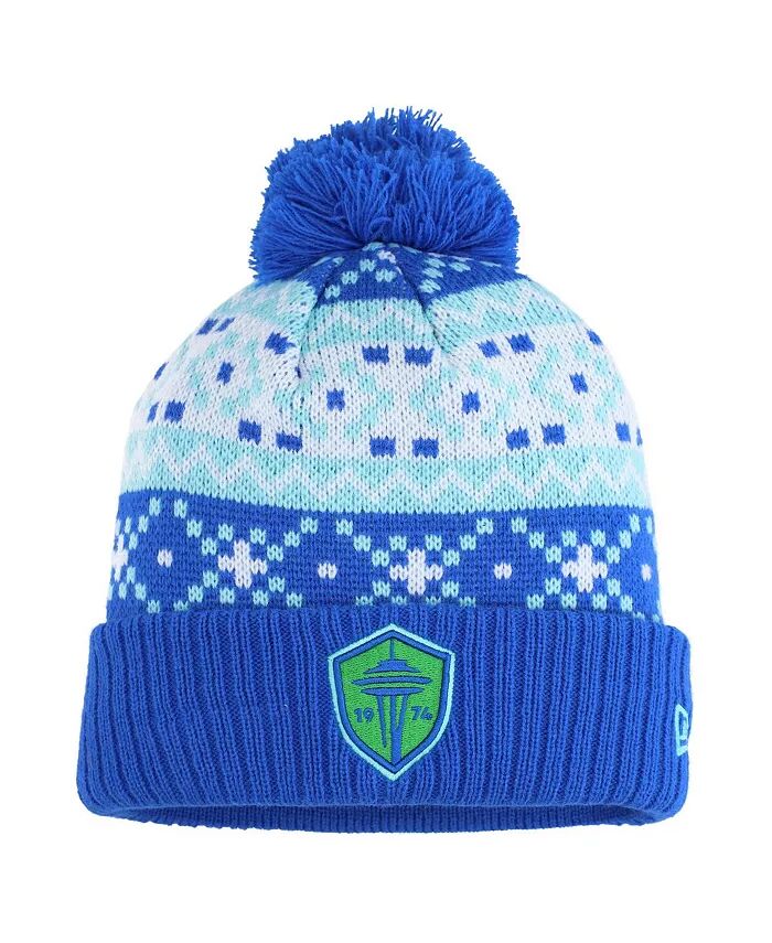 

Мужская синяя вязаная шапка Seattle Sounders FC Nostalgia с манжетами и помпоном New Era