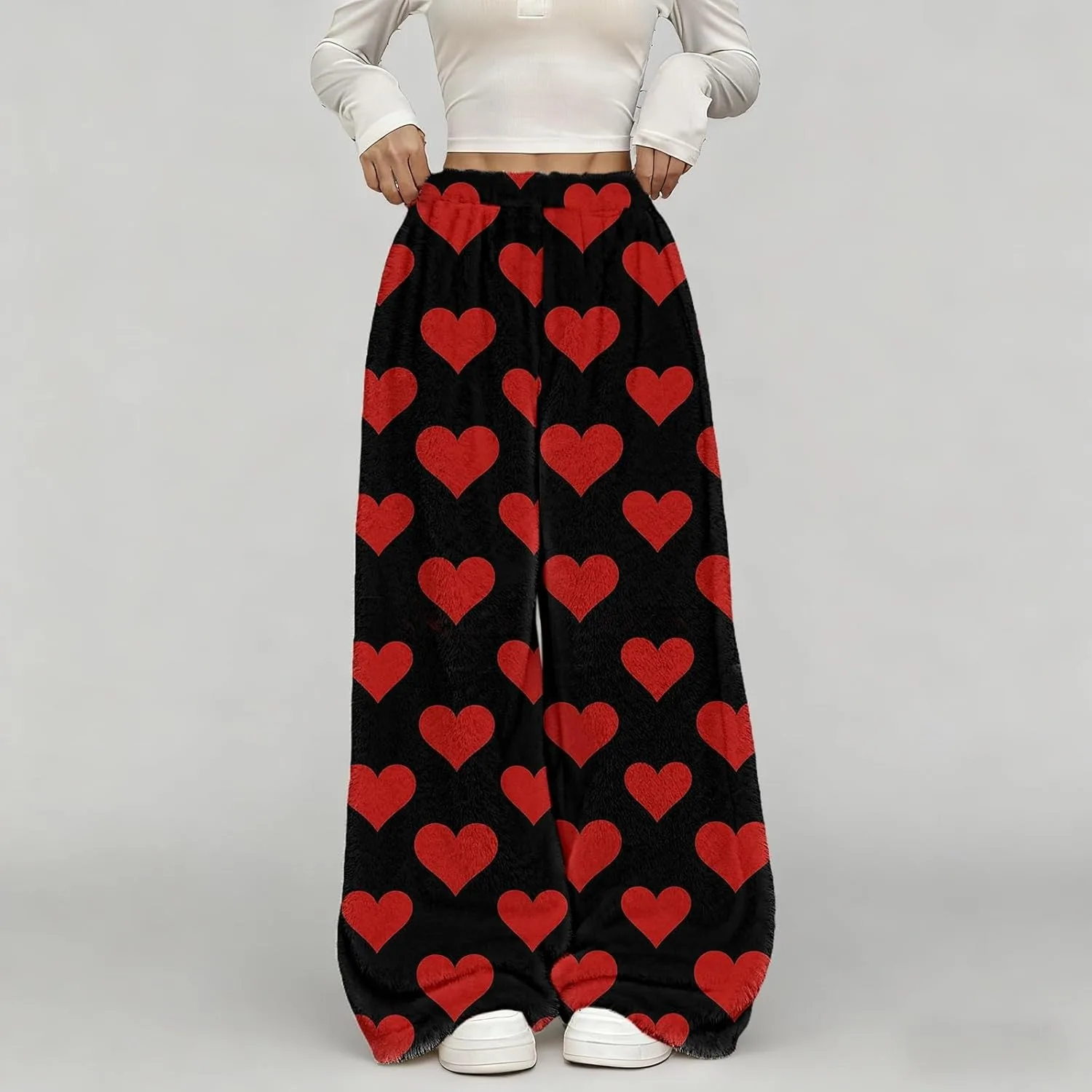 Generic Женские пижамные штаны Fuzzy Valentines с принтом в виде сердечек, широкие, меховые, фланелевые — фото 4