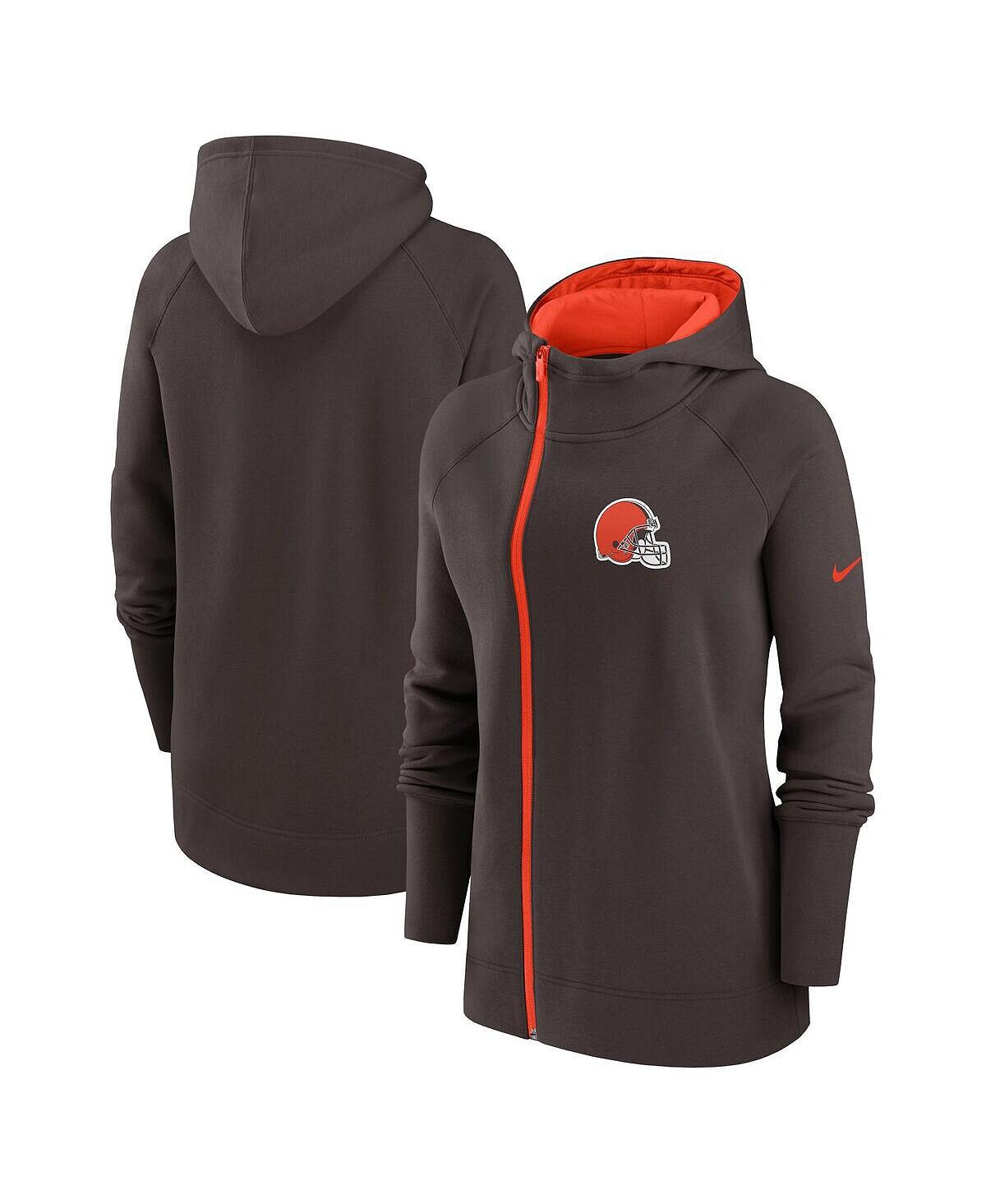Женская коричневая толстовка с капюшоном с молнией во всю длину Cleveland Browns асимметричного кроя реглан Nike, коричневый — фото 3