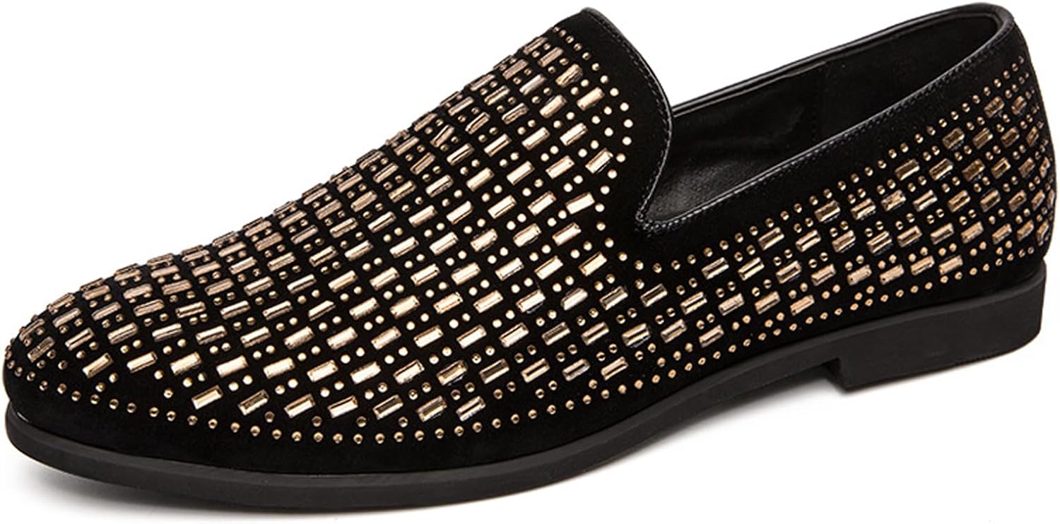 

Мужские блестящие туфли-слиперы NELSBREX с низким каблуком, украшенные стразами, удобные с круглым носком, современный металлический декор, противоскользящие, классические лоферы для вечеринок и свадеб, золотой