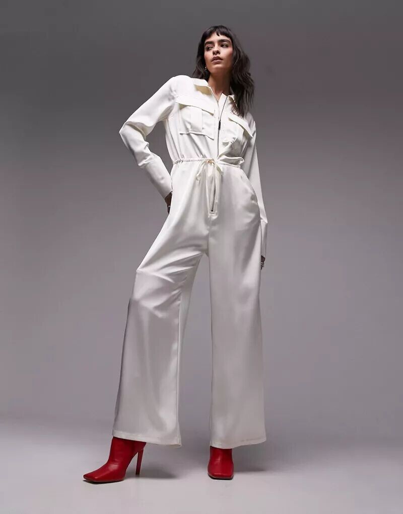 

Атласный комбинезон карго Topshop цвета слоновой кости