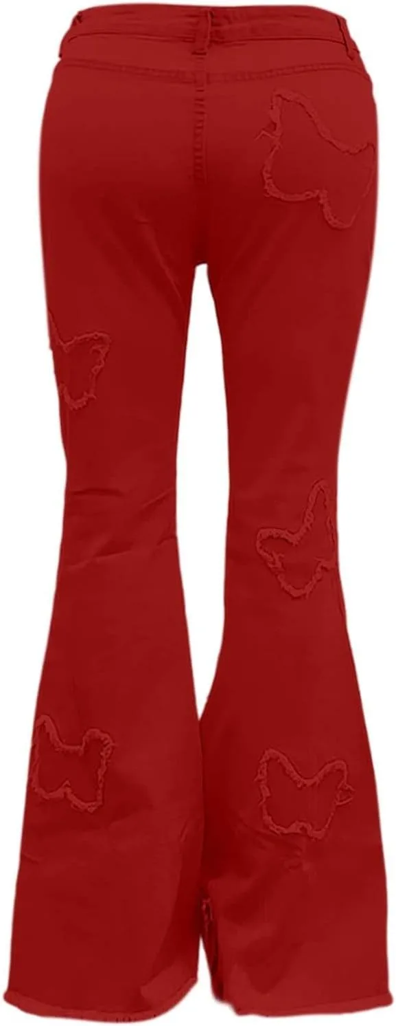 Женские джинсы Butterfly Bell Bottom с высокой посадкой, эластичные, с вышивкой и классическим расклешенным силуэтом — фото 4