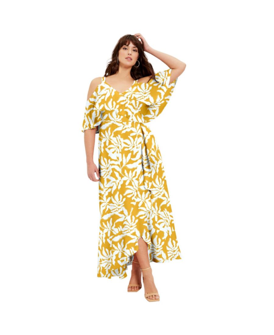 

Женское длинное платье June + Vie с открытыми плечами и имитацией запаха June & Vie, Pressed leaf yellow