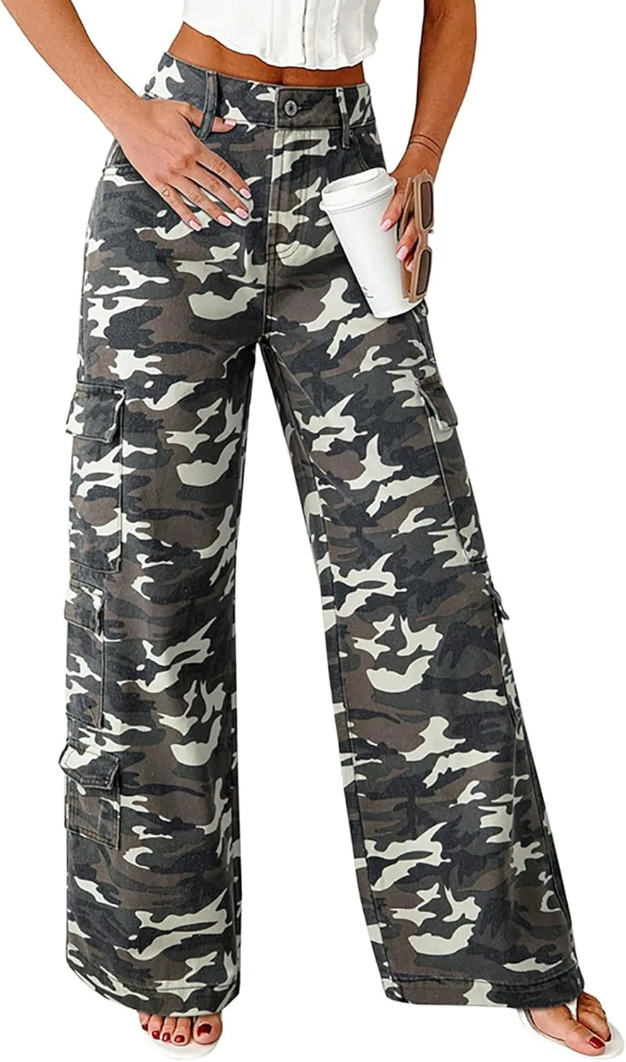 

Женские прямые карго джинсы с высокой талией и камуфляжным принтом QLAUYIOE