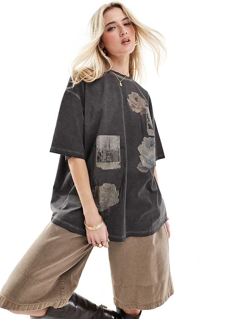 

ASOS DESIGN – Плотная графитовая футболка-бойфренд с графикой Polaroid, мотивом Нью-Йорка и эффектом стирания
